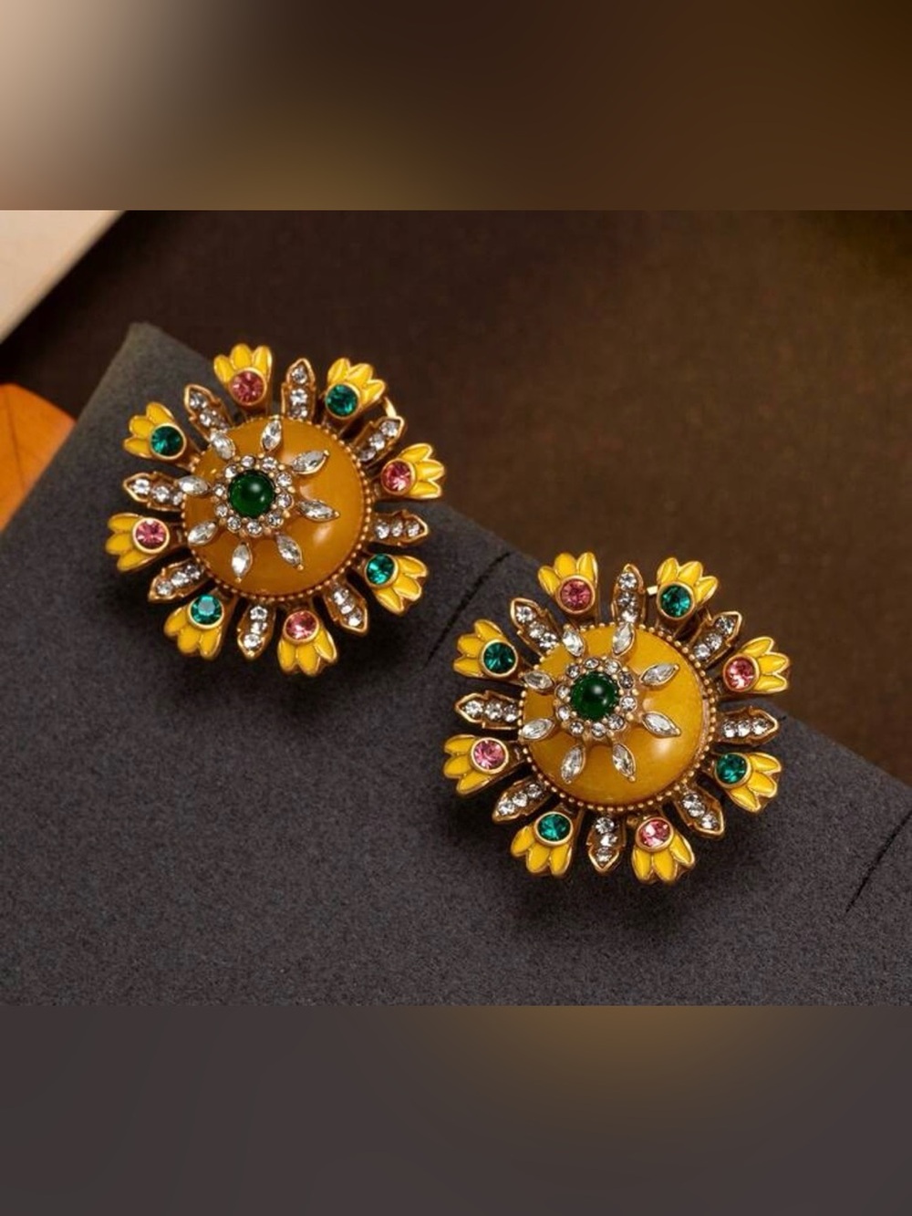 Vintage Yellow Floral Cluster Earrings with Green & Pink Accents